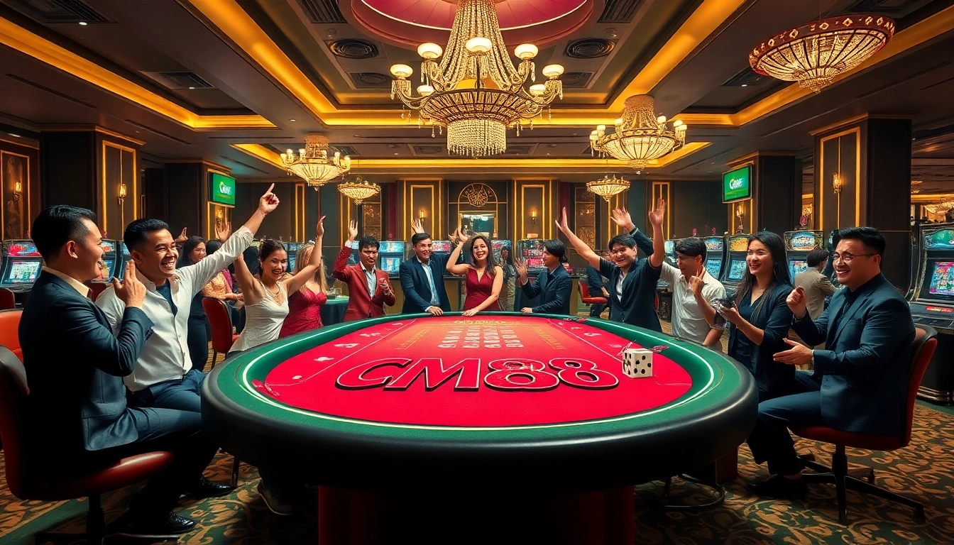 Players celebrate wins at a CM88-themed casino table surrounded by luxury decor.