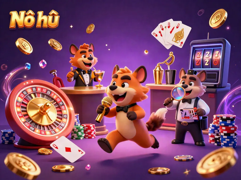Nổ hũ casino scene showcasing playful hyenas engaging in a comedy act, drinks, and security duties.