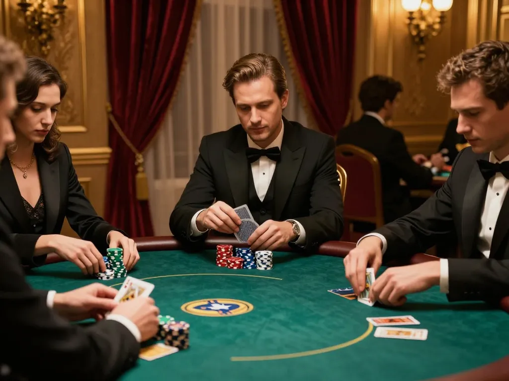 FLY88 members strategizing at a luxurious poker table surrounded by rich decor and soft lighting