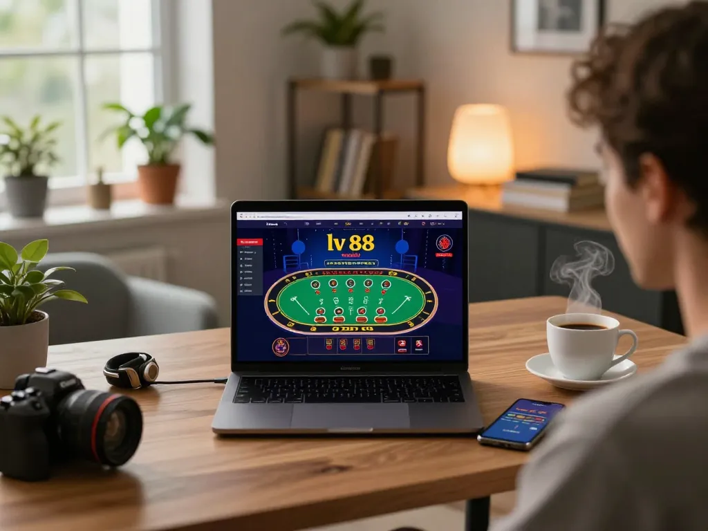 Engaging in live blackjack on lv 88 from a cozy home setup with laptop and coffee.