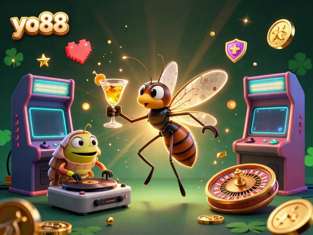 Engage with the vibrant world of yo88 featuring a unique 3D casino mascot in a dynamic gambling scene.