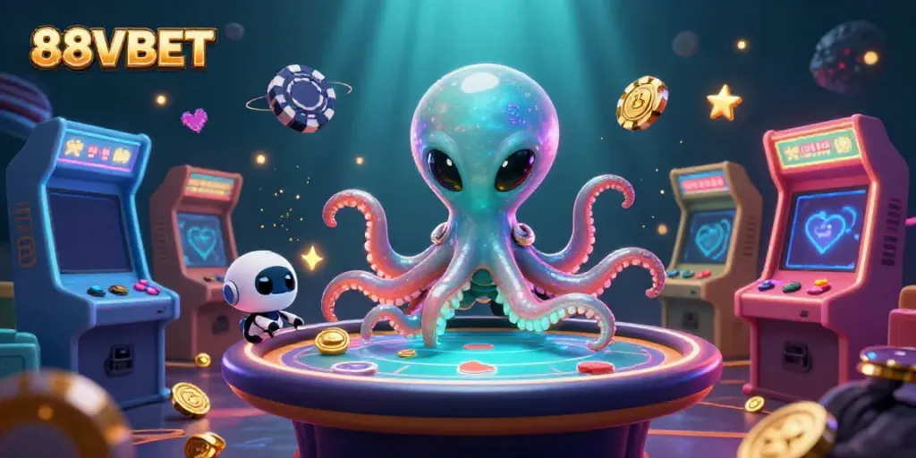 Experience the vibrant casino universe with 88VBET as a 3D alien octopus plays poker in space.
