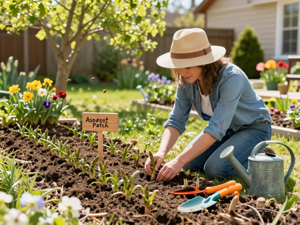 Gardener planting spargelpflanze seedlings in a vibrant spring garden.