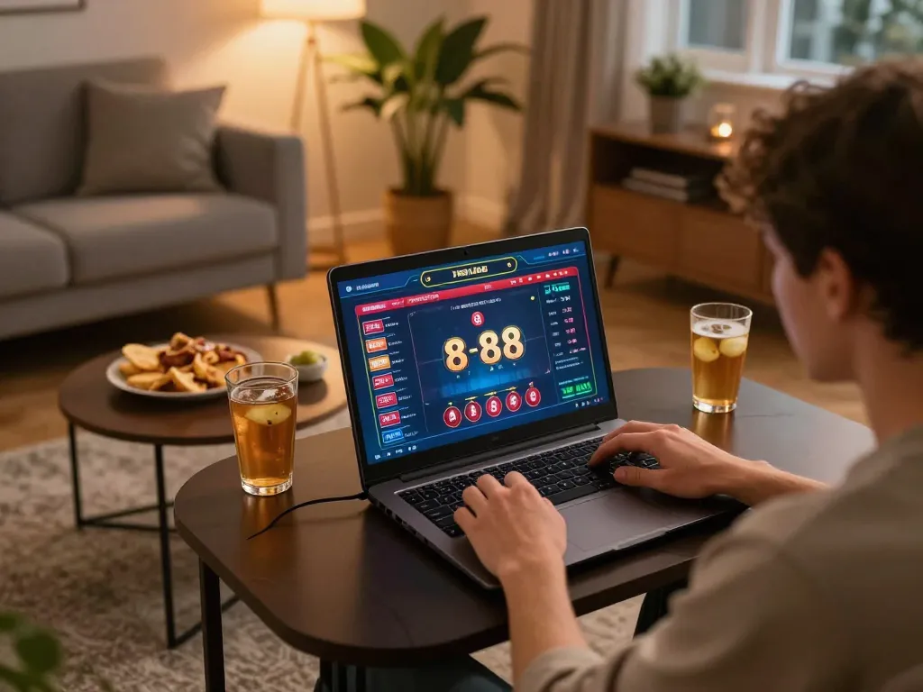 Engaged player using sc 88 online casino on a laptop during a cozy home gaming session.