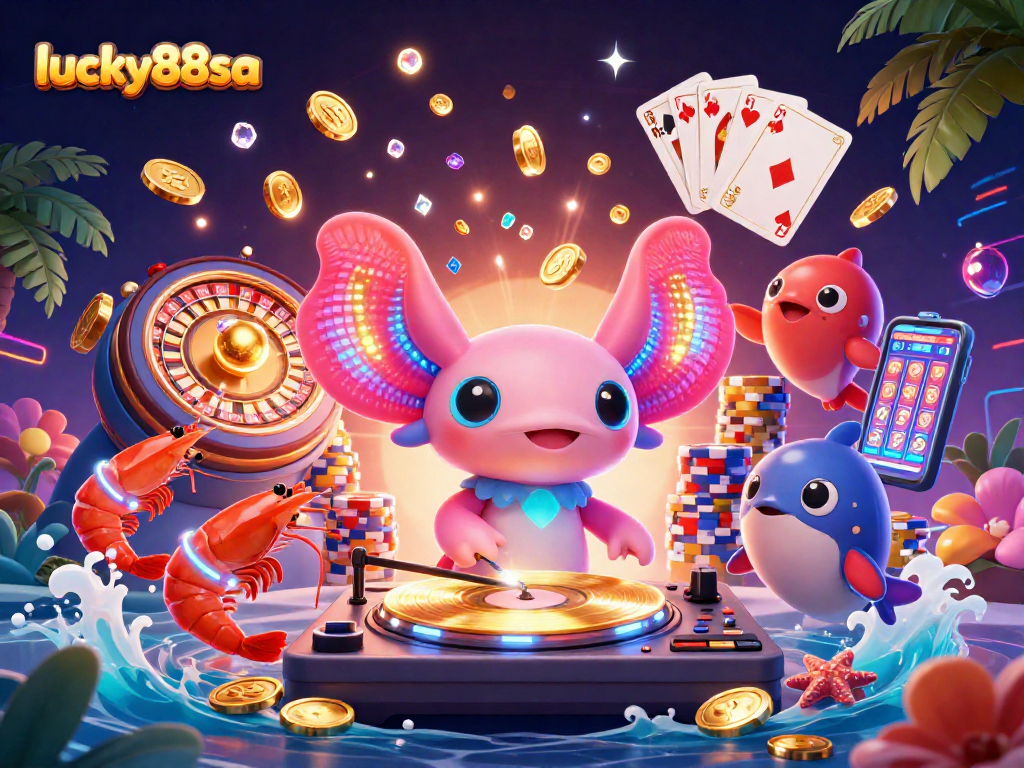 Experience the excitement of lucky88sa with a vibrant 3D casino scene featuring a neon axolotl DJ spinning underwater.