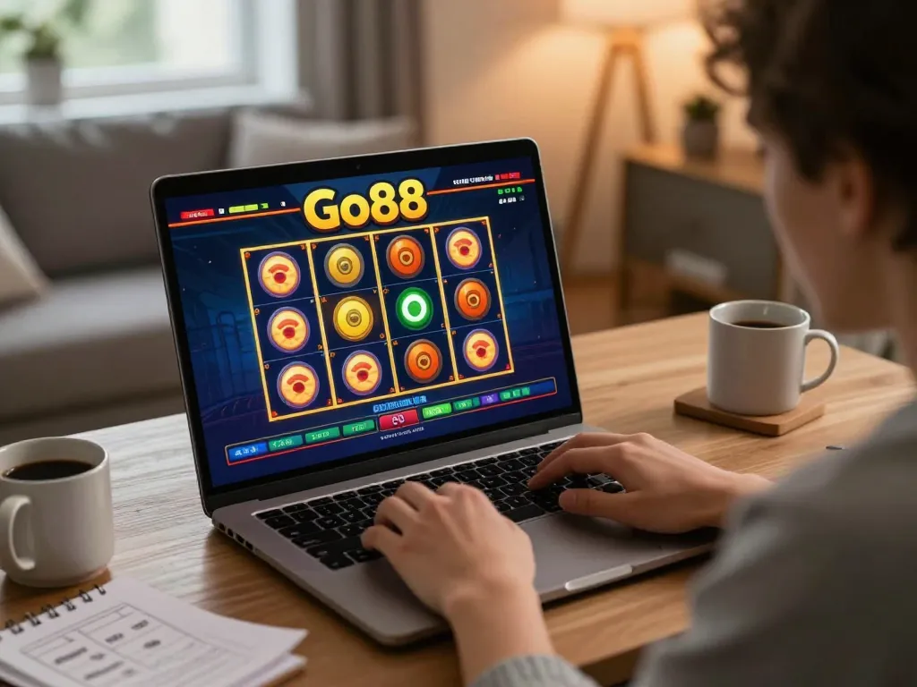 Engaging in a Go88 slot game on a laptop at home with ambient lighting and cozy decor.