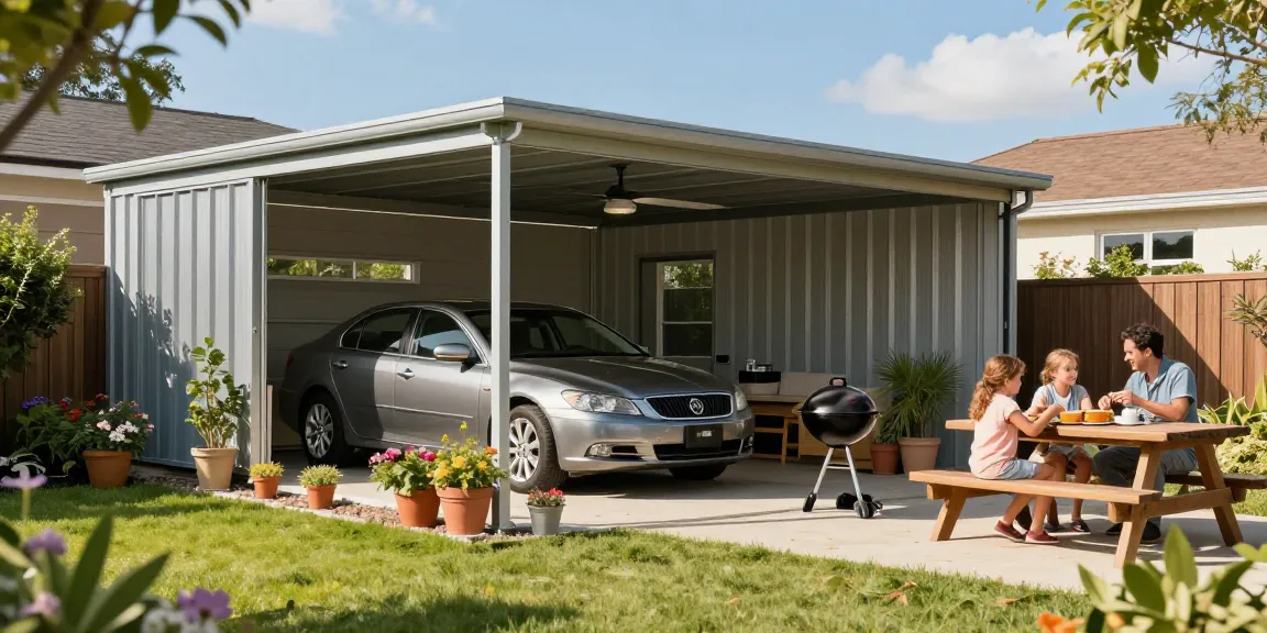 Moderne Carport-Struktur schützt das Auto, während eine Familie im Garten grillt.