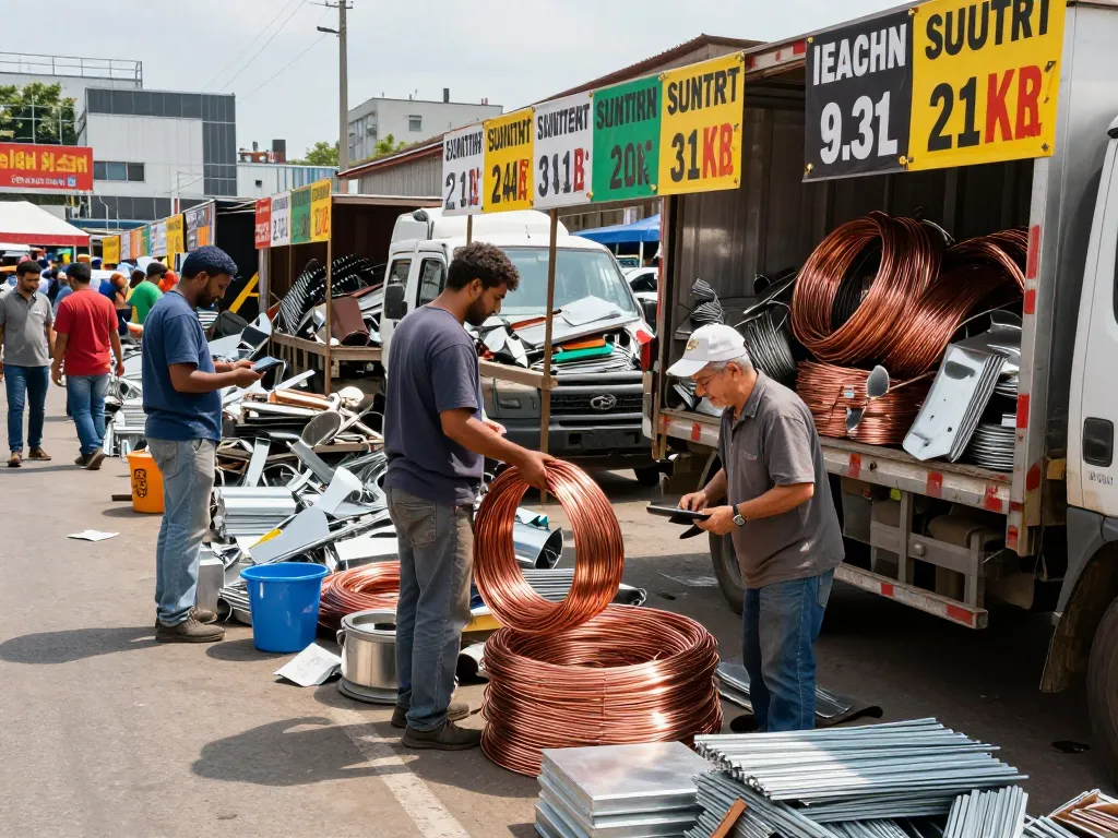 Szene im Schrotthandel mit Arbeitern, die Schrott in einem lebhaften Markt sortieren und bewerten.