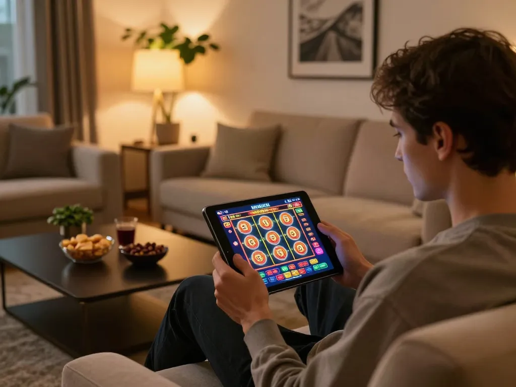 Engaging in mobile casino gaming at home on fc88 tablet with colorful slot machine interface