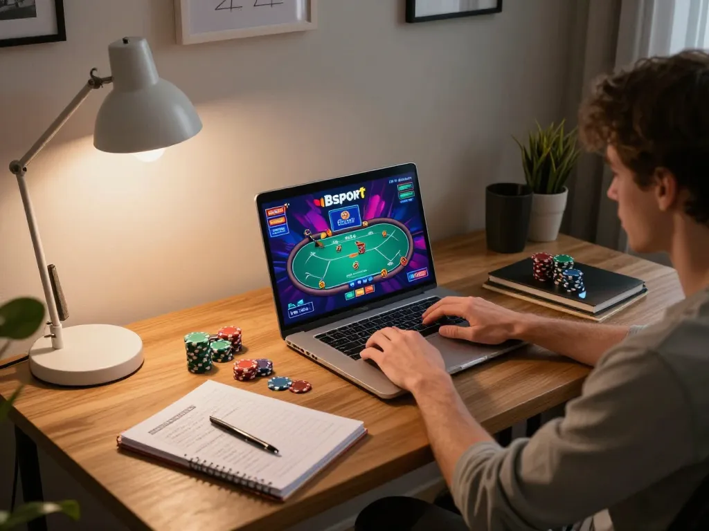 Engaging in online poker game with Bsport setup at home workspace, showcasing a dynamic gaming environment