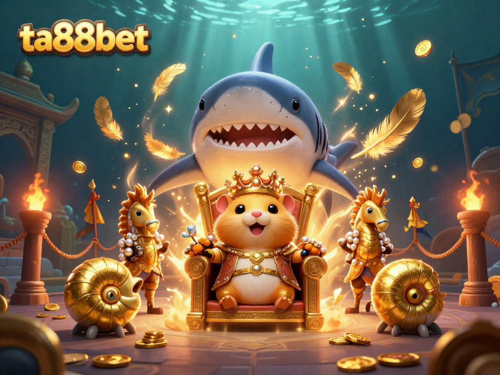 Experience the excitement of ta88bet with a fierce golden hamster king ruling a vibrant underwater casino scene.