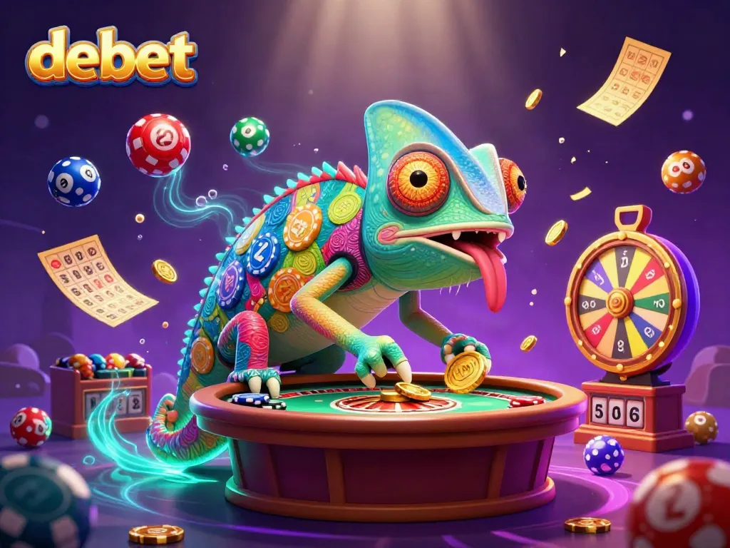 Experience the thrill of debet as the chameleon casino owner watches vibrant lottery balls and golden tickets fly!
