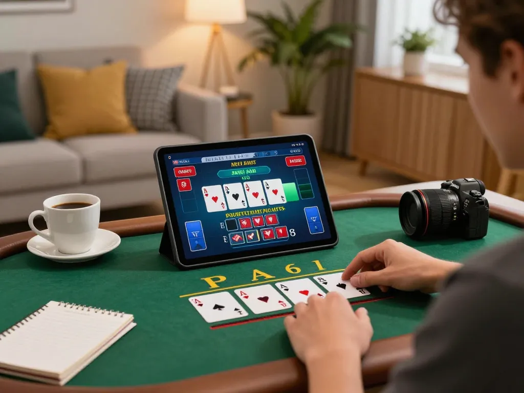 SC88 player enjoying live dealer gambling with tablet at home, showcasing strategic gameplay in a cozy setting.
