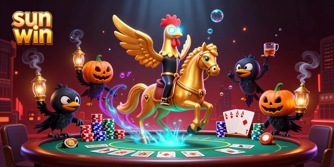Experience the thrill of sun win at an electrifying casino with golden rooster characters and vibrant poker games.