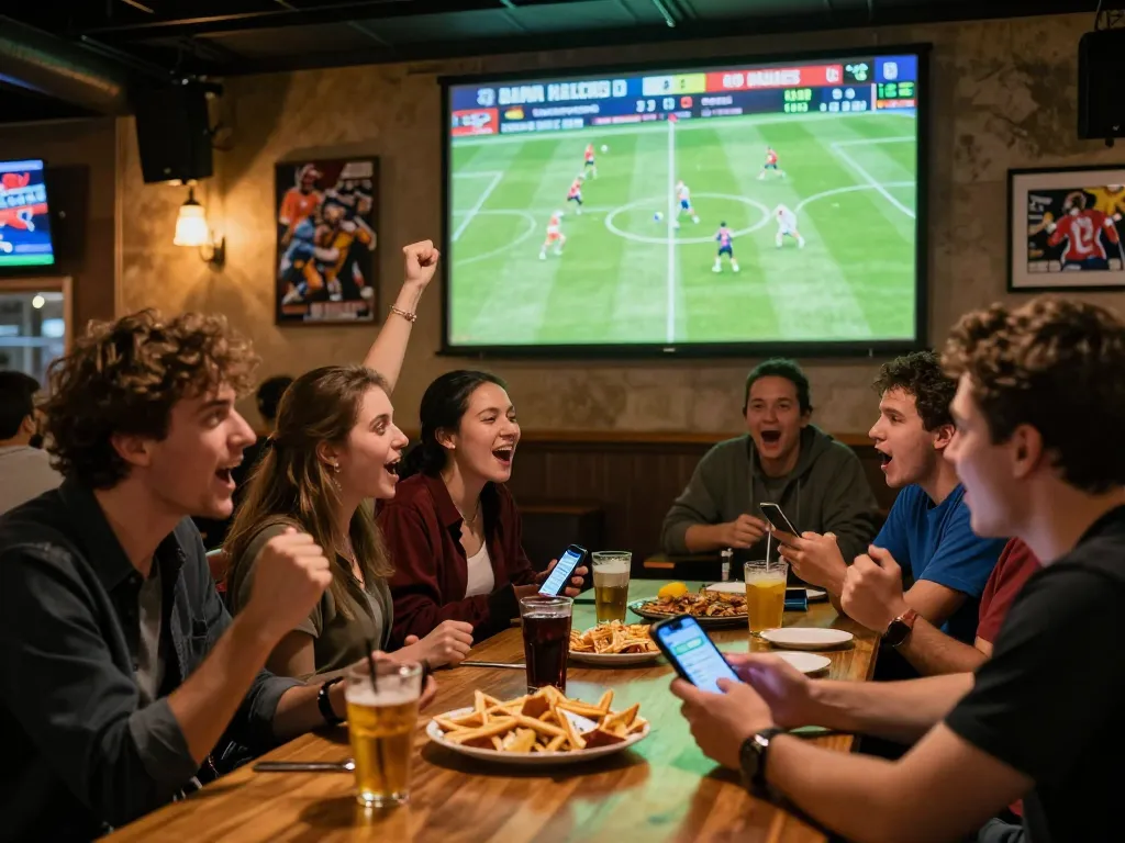 Group of friends enjoying their debet experience while watching live sports at a lively bar.