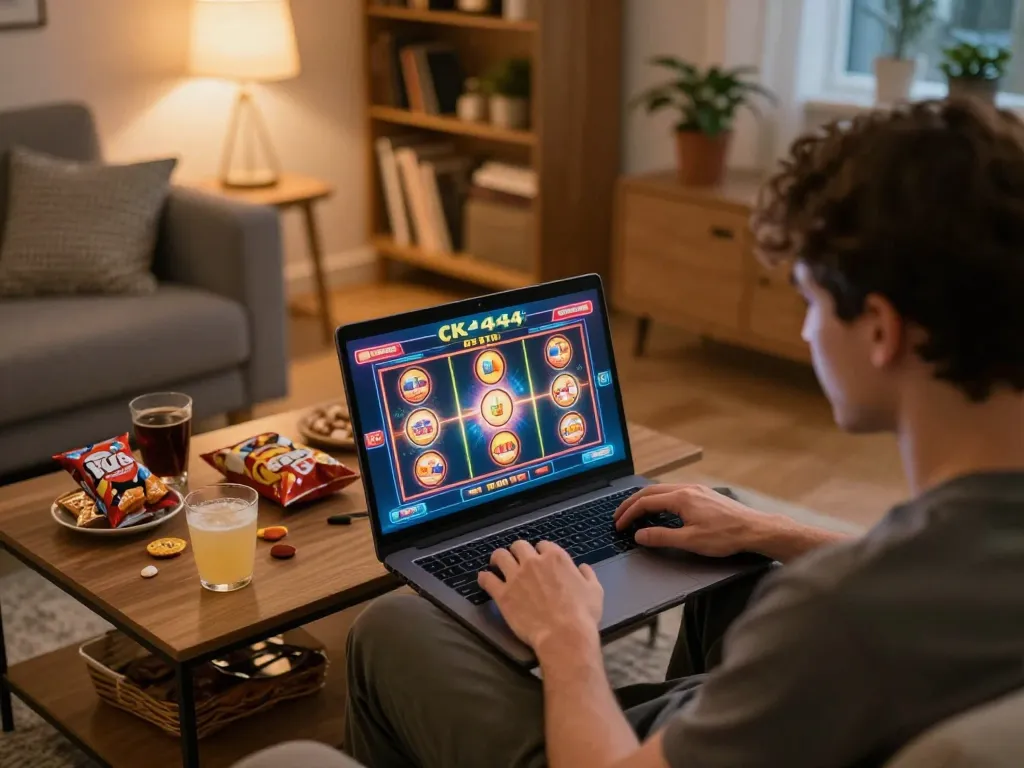 Player enjoying CK444's online casino on a laptop in a cozy living room, emphasizing responsible gambling.