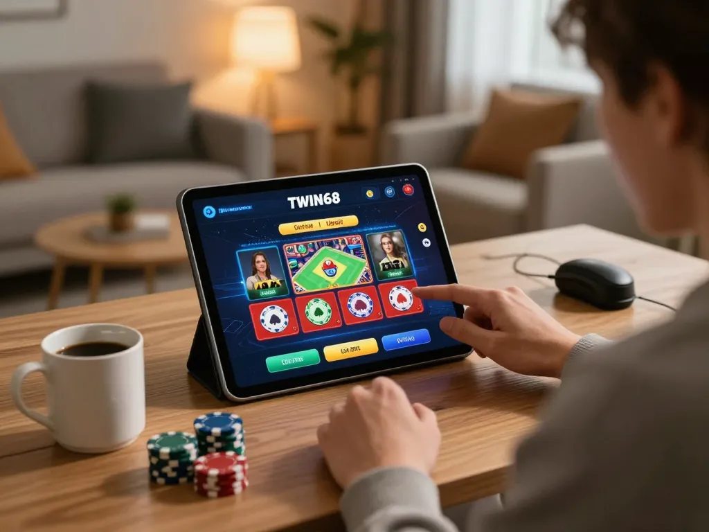 TWIN68 gaming app displayed on tablet while player engages in online casino strategies.