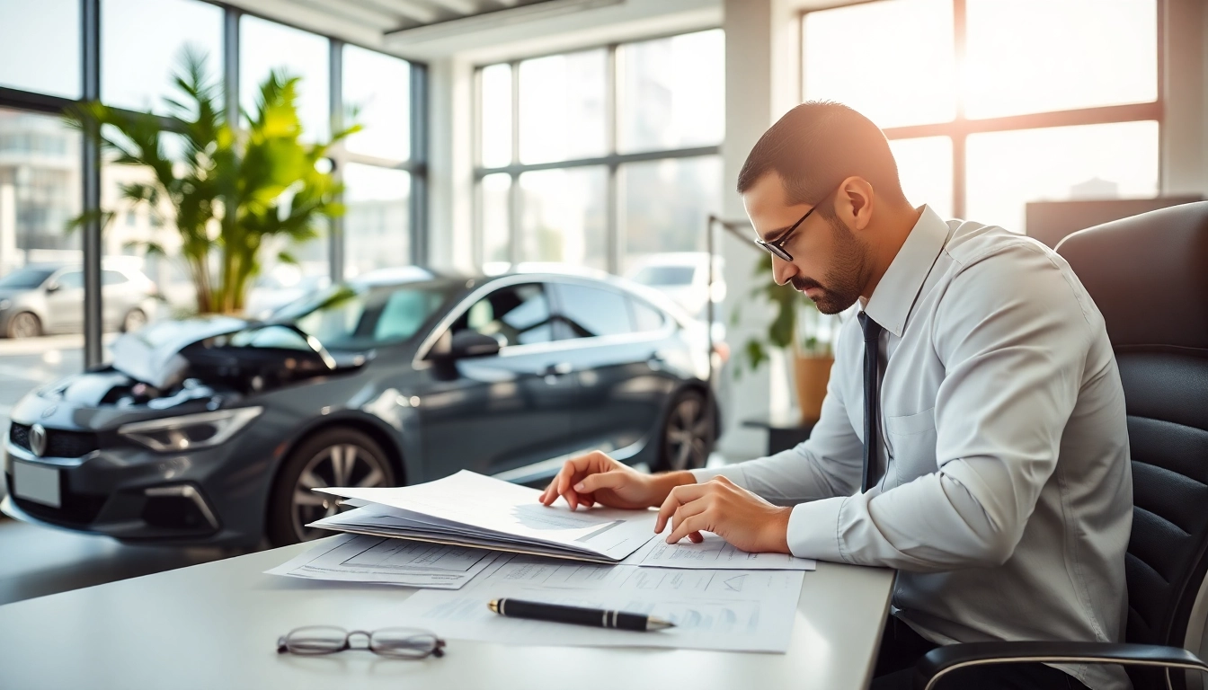 Kfz Gutachter Düsseldorf bewertet Fahrzeugschaden in modernem Büro.