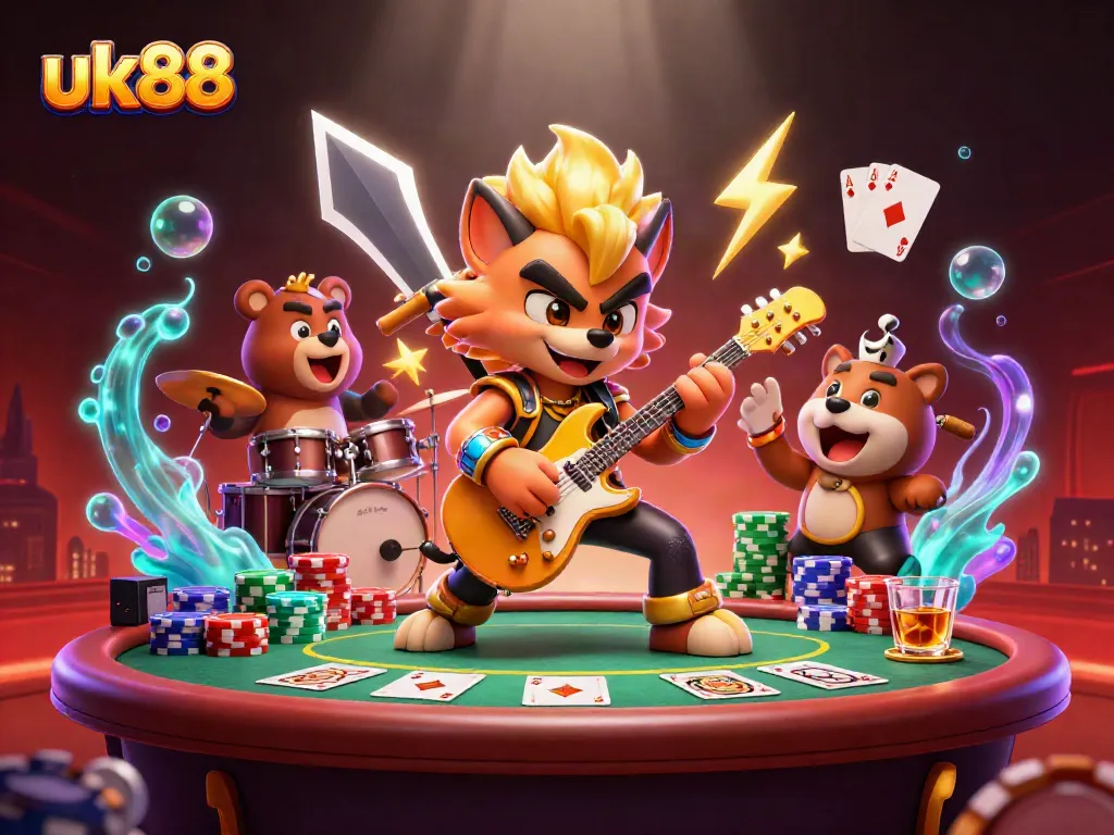 Experience high-energy gaming with uk88's electrifying casino scene featuring vibrant characters and rich details.