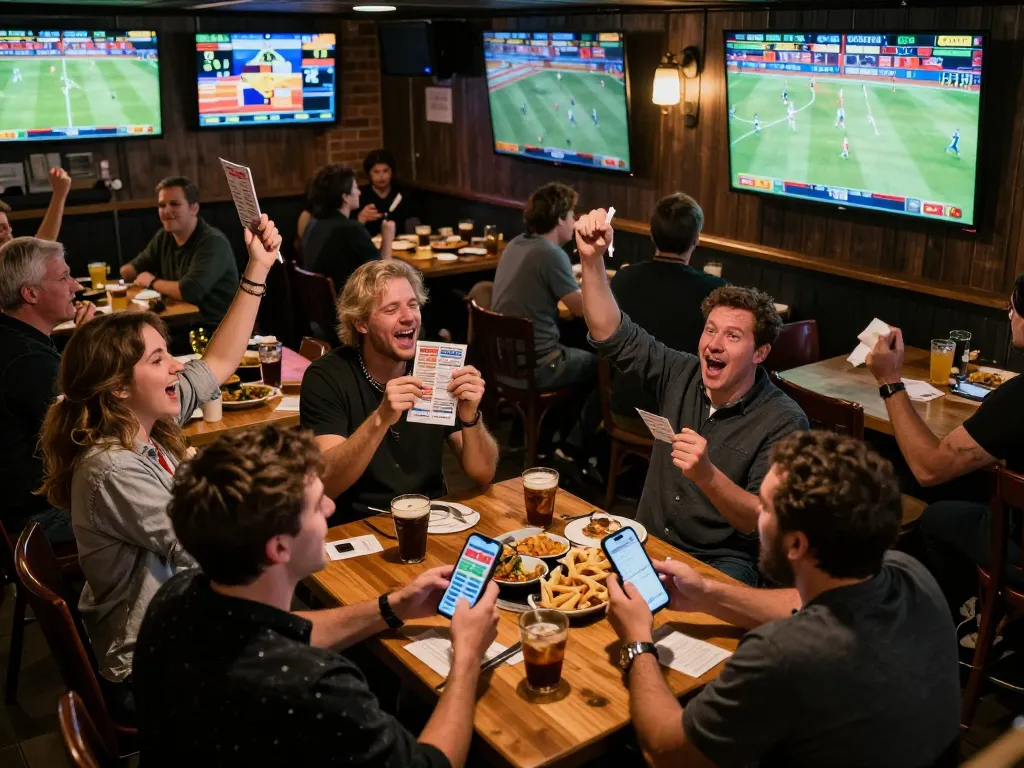 sin88 users celebrating wins while engaging in sports betting at a vibrant bar, showcasing bets and excitement