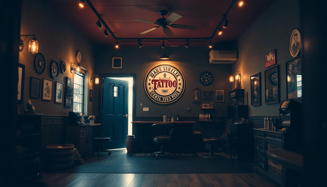 Welcoming atmosphere of Tattoo Studio München featuring vintage décor and warm lighting.