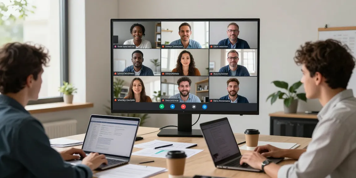 Team bei Videoanruf mit Live-Übersetzer App für Echtzeitübersetzungen.