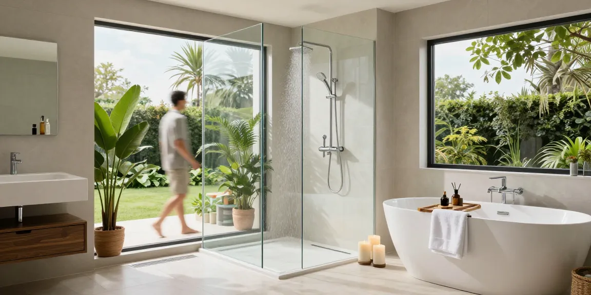 Een persoon die geniet van een ontspannende inloopdouche-ervaring in een moderne badkamer met natuurlijk licht en elegante designelementen.