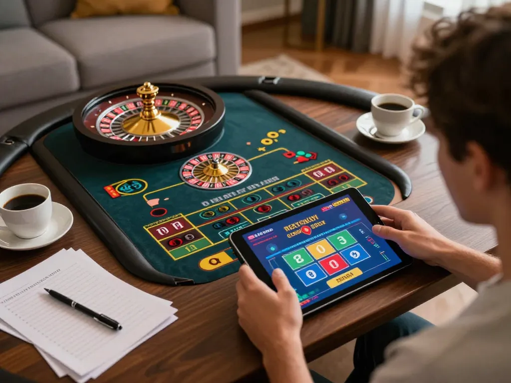 Player engaging with 33win casino app at home, focused on roulette gameplay with notes and coffee.