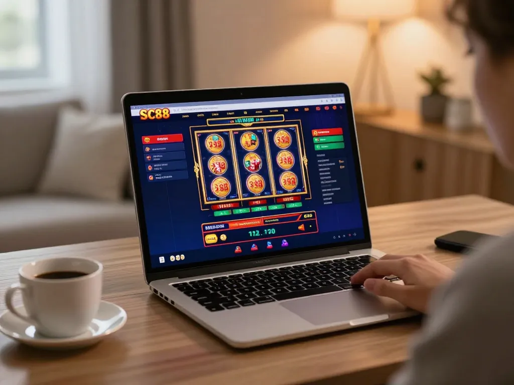 Engaging user experiencing online casino gaming at SC88 on a laptop, showcasing vibrant interface.