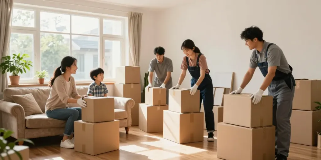 Professionelle Wohnungsauflösung in Berlin-Pankow mit einem freundlichen Team und lächelnden Familienmitgliedern.