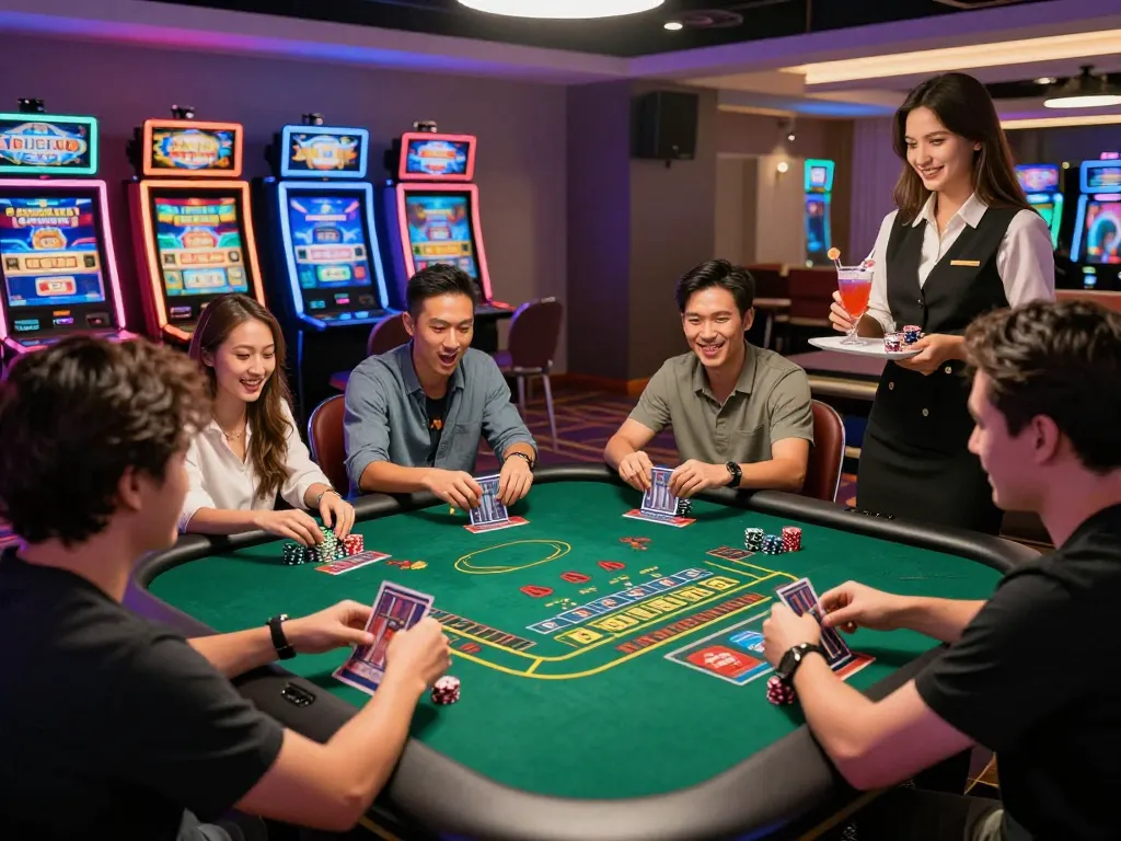 Exciting gaming atmosphere at VN88 casino with friends enjoying baccarat and vibrant decor.