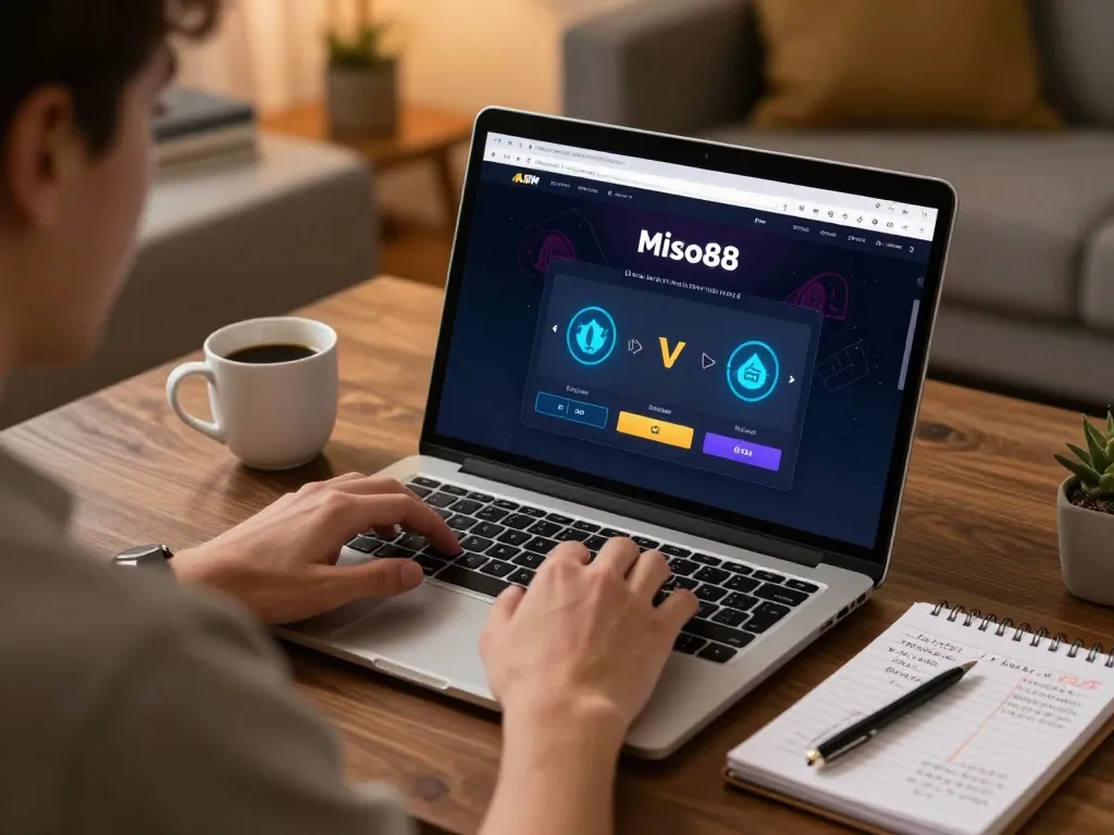 Miso88 player strategizing online betting with laptop and notepad in cozy home setting