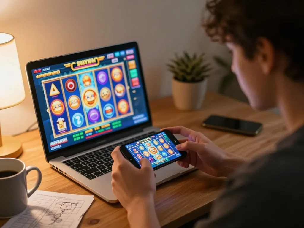 Exciting moment as a player engages in mobile gambling with gg88 slot game on their smartphone at home