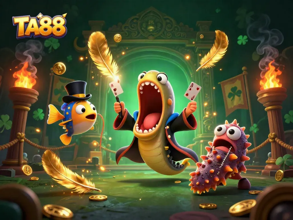 Experience thrilling gameplay at TA88 with engaging casino characters displaying magic tricks amidst vibrant casino elements.