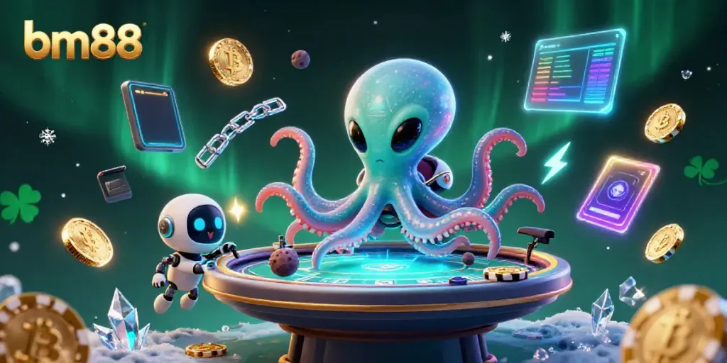 Play thrilling games at bm88 with an alien octopus and its robot companion at a futuristic casino table.