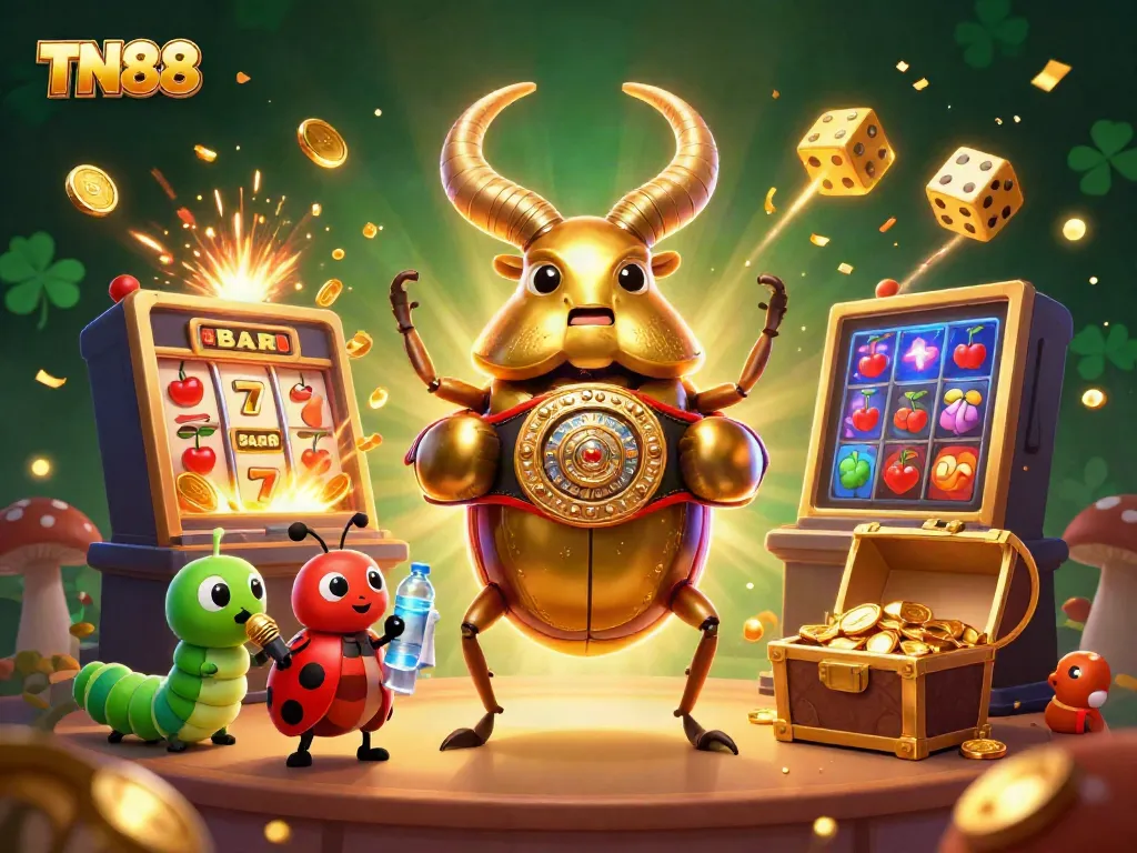 Experience the excitement of TN88 with a golden beetle champion and vibrant casino elements bursting with treasures.