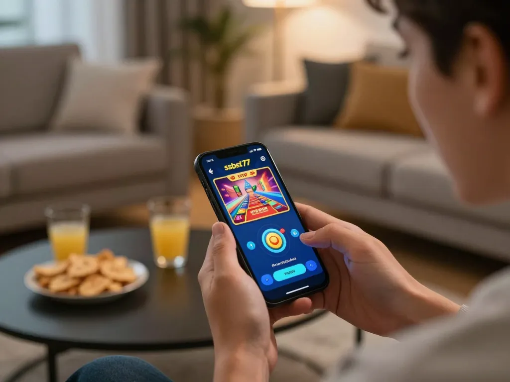 Engaging with the ssbet77 casino app on a smartphone in a cozy living room setting while enjoying snacks.