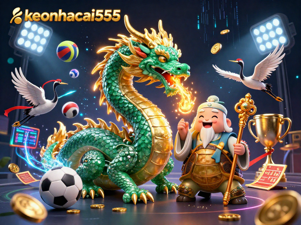 Join the excitement at keonhacai555 with a vivid illustration of a dragon among sports betting elements.