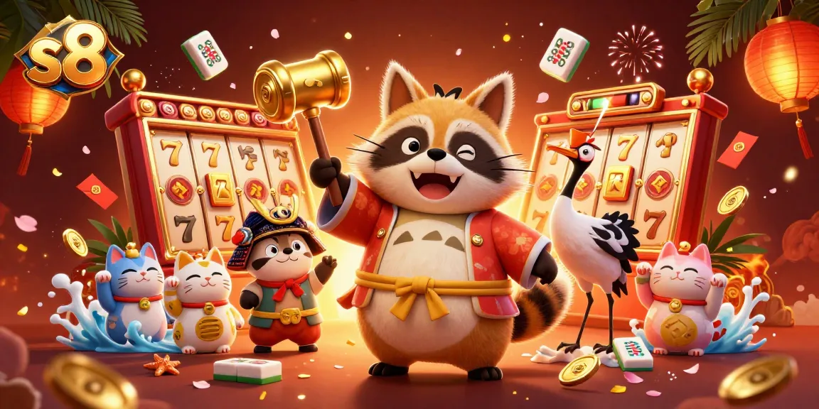 Spin and win at s8 with lucky raccoon, cranes, and vibrant casino elements.