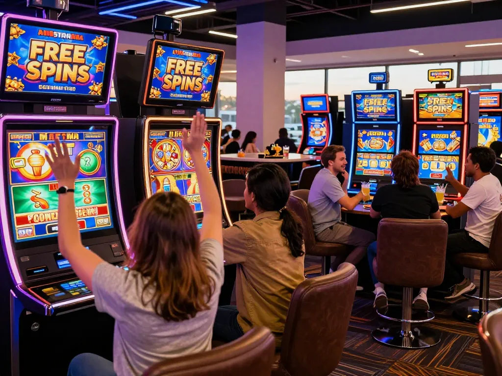 Exciting online casino scene celebrating free spins Australia promotions with players enjoying vibrant game displays.