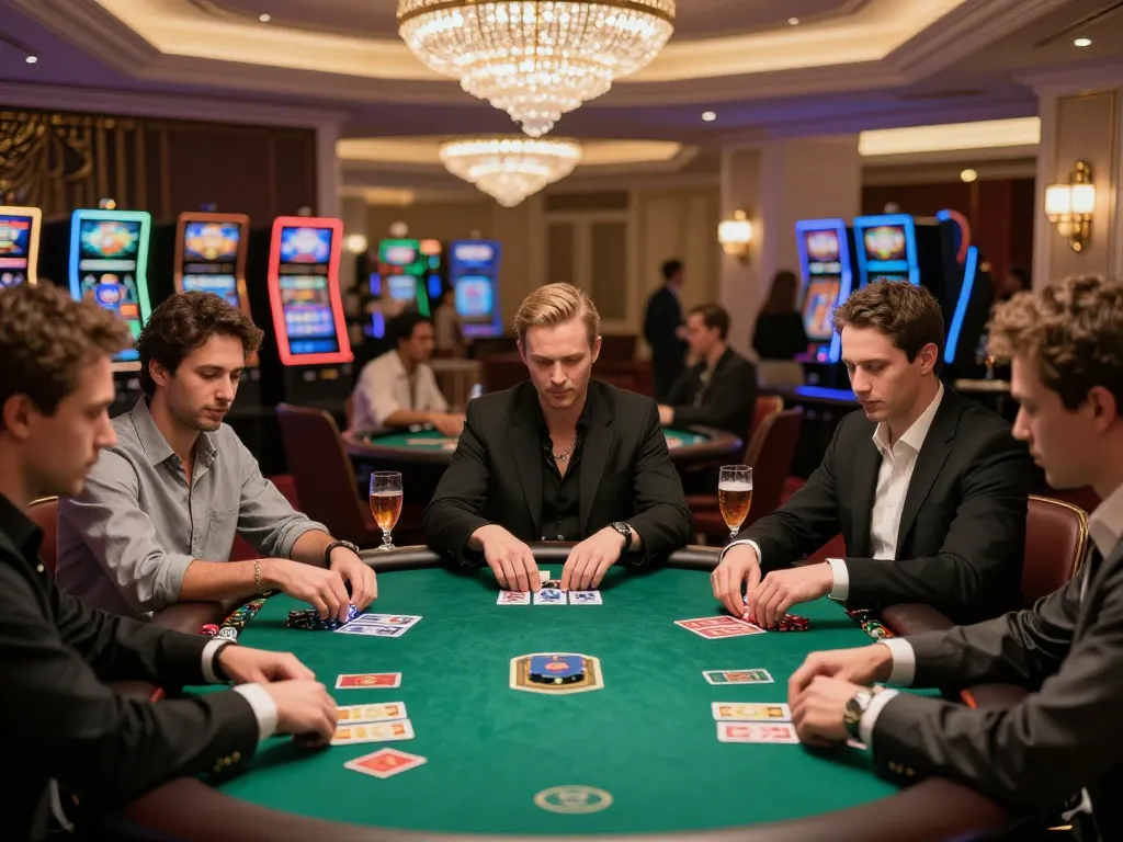 Players engaging in strategic poker at a luxurious 56 WIN casino room, showcasing high-stakes gameplay.