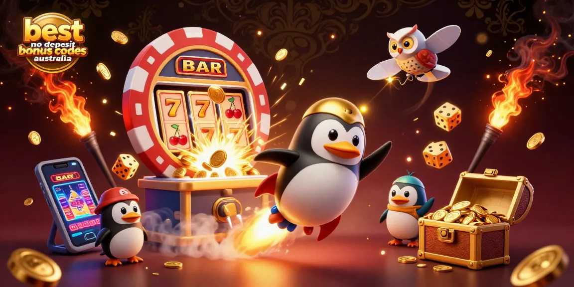 Experience the best no deposit bonus codes australia with a vibrant 3D casino scene featuring a golden penguin and a jackpot explosion.