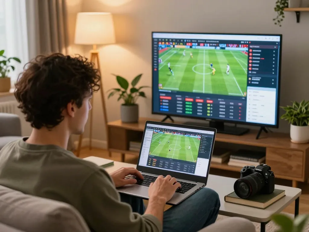 Engaging at-home scene featuring soccer picks analysis on a laptop for strategic betting.