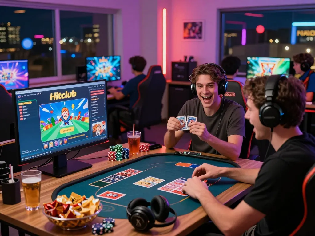 Hitclub online gaming scene showcasing players enjoying card games and slots in a vibrant, cozy environment.