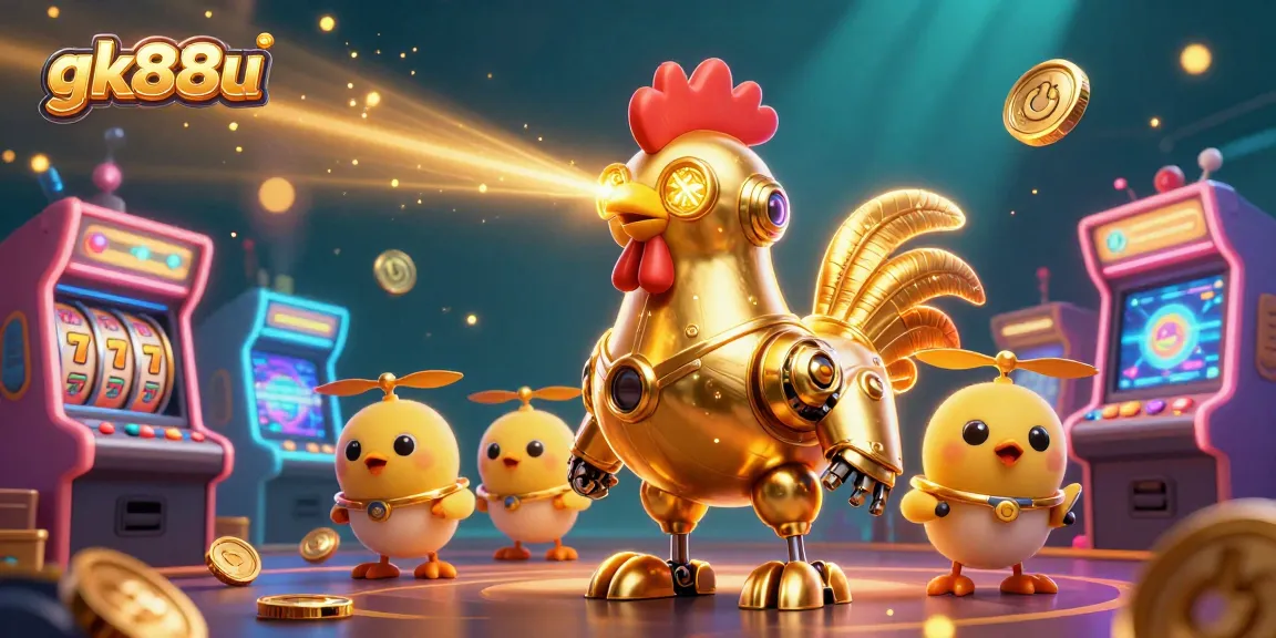 Engage with gk88u's vibrant gaming scene featuring a golden rooster robot and arcade elements.