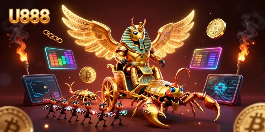 U888 showcases vibrant gaming action with a colossal scarab and scorpions amidst glowing digital currency.