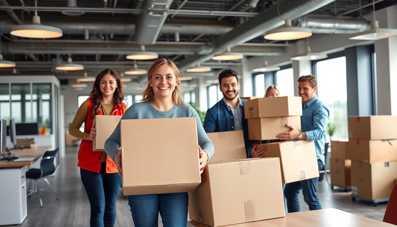 Büroumzug Berlin: Efficient office movers carefully wrapping and packing items in a modern workspace.