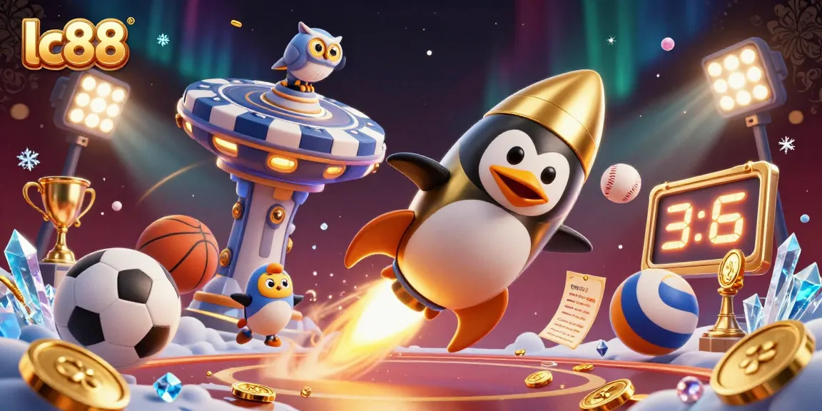 Experience the excitement of lc88 with a dynamic 3D digital illustration featuring a golden penguin in a gambling-themed space adventure.