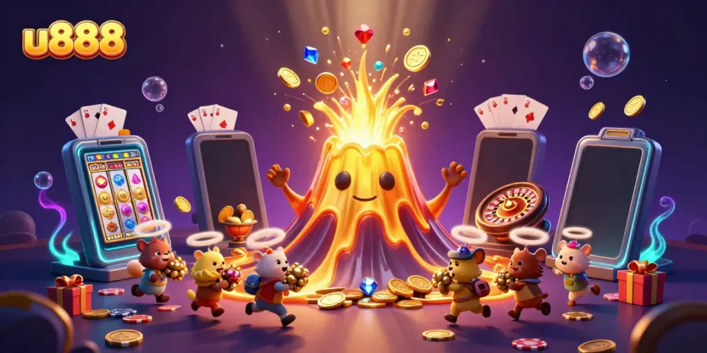 Experience exhilarating wins with u888's vibrant 3D scene of a golden volcano and treasure.