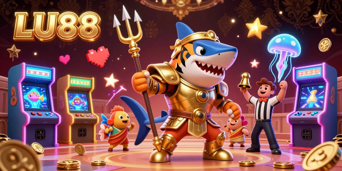 LU88 features a vibrant casino-themed scene with a tiger shark in gladiator armor.